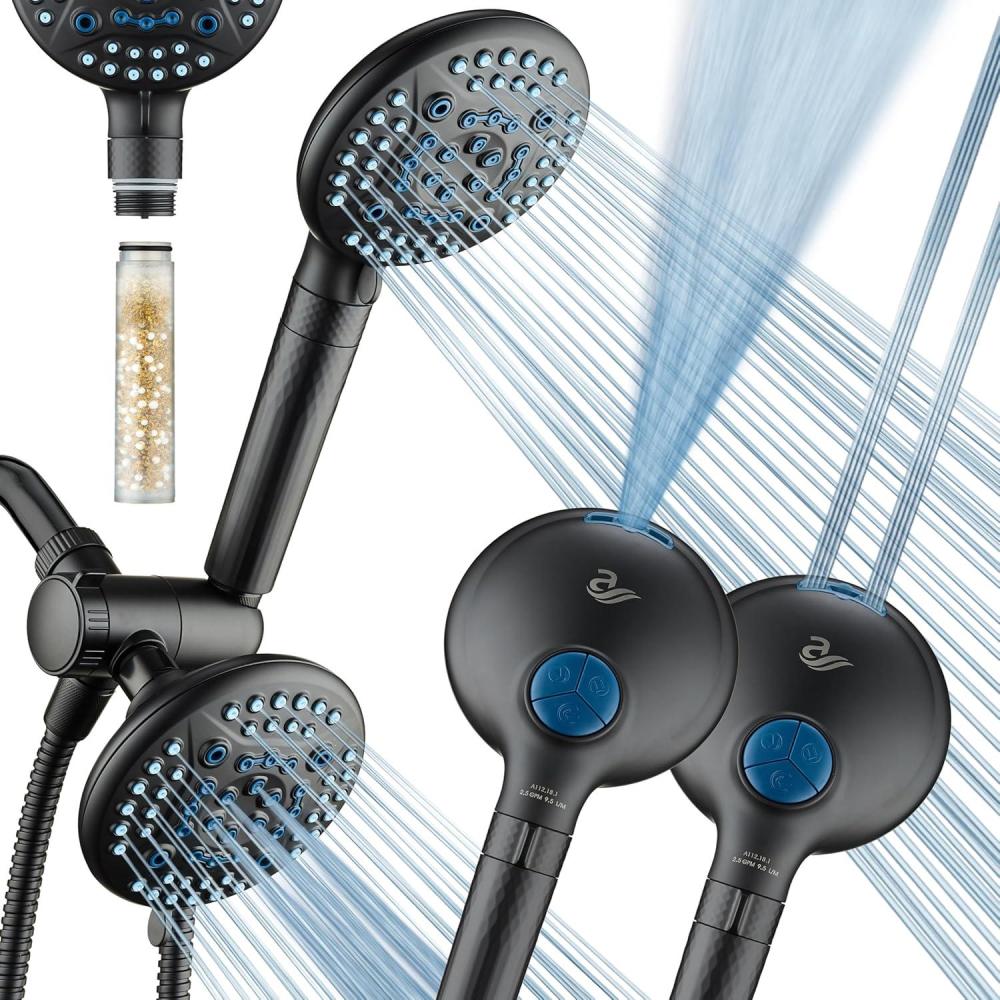 imageAquaCare High Pressure 6way Dual Shower Head Combo with Builtin Filter ampamp Power Wash  Clean Tub Tile ampamp Pets Remove Chlorine Lead ampamp Toxins from Water to Protect Skin Hair ampamp Nails Nickel FinishMatte Black