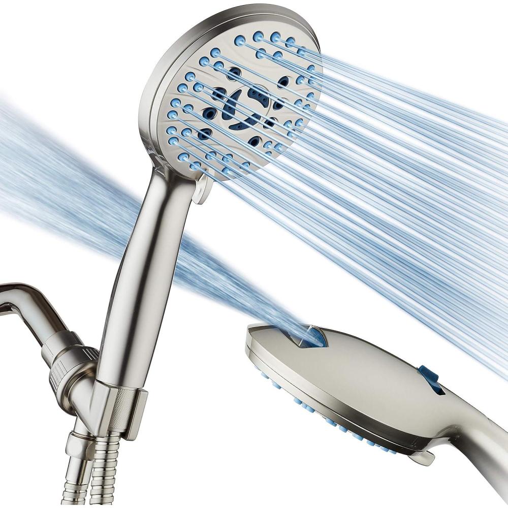 imageHotel Spa AquaCare High Pressure 8mode Handheld Shower Head  Anticlog Nozzles Builtin Power Wash to Clean Tub Tile ampamp Pets Extra Long 6 ft Stainless Steel Hose Wall ampamp Overhead BracketsSatin Nickel